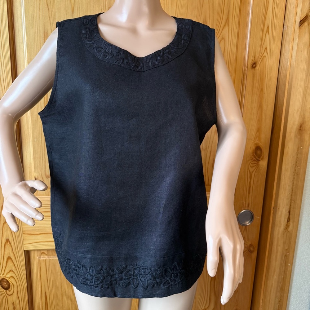 NWT Hot Cotton 100% Linen Blouse Boxy Top XL Black Lagenlook Embroidered